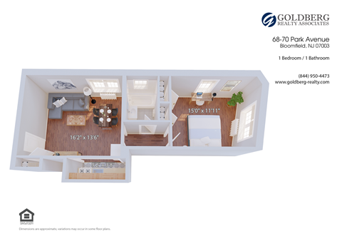Floor plan for 1 bed, 1 bath, 601 sqft